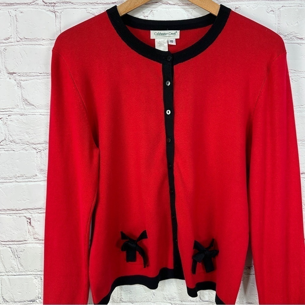 Coldwater Creek Christmas sweater cardigan size 10 red black bows ribbon Xmas